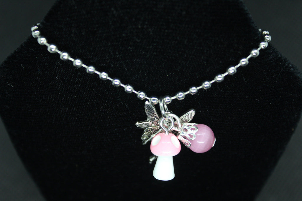 Pink Fairy Mushroom Necklace Crystal Witch Witchy Jewelry Witchcraft Wicca Wiccan Pagan Metaphysical