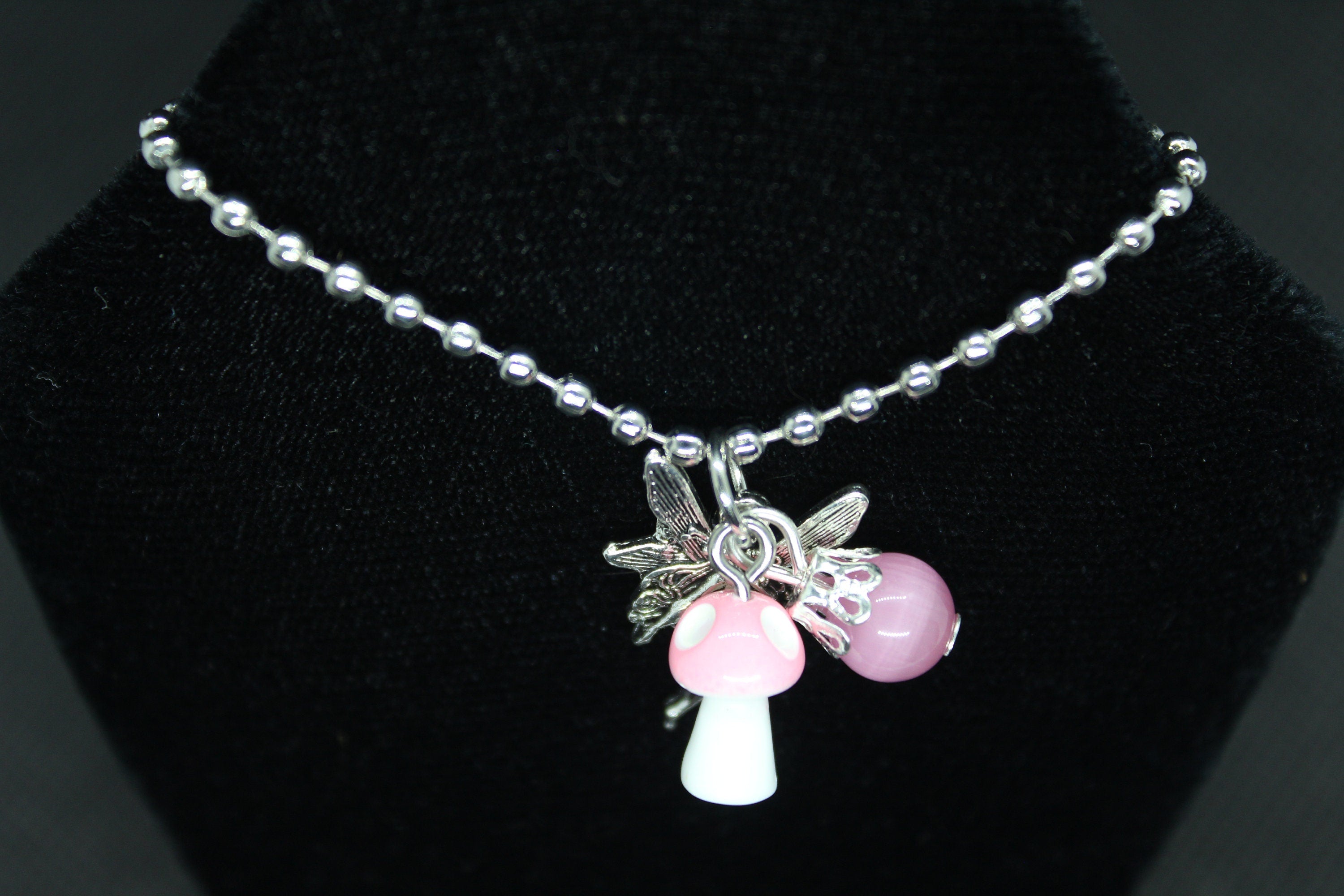 Pink Fairy Mushroom Necklace Crystal Witch Witchy Jewelry Witchcraft Wicca Wiccan Pagan Metaphysical