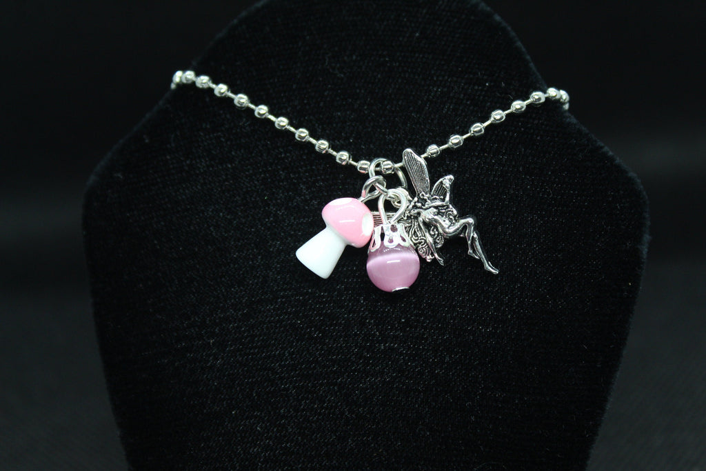 Pink Fairy Mushroom Necklace Crystal Witch Witchy Jewelry Witchcraft Wicca Wiccan Pagan Metaphysical
